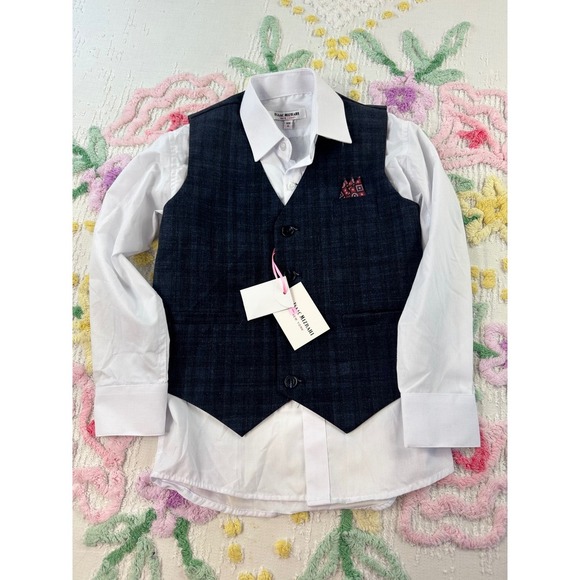 Isaac Mizrahi New York Boys Dress Shirt Vest Pants Pocket Square Set Size 6 - Picture 2 of 12